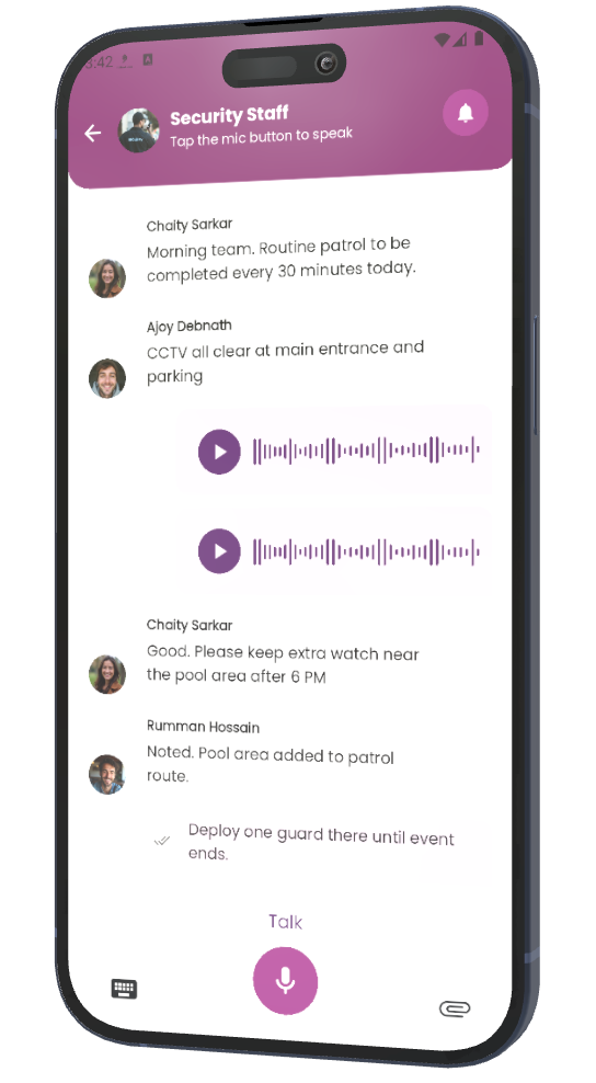 FellowConn app — Security Staff group chat with push-to-talk